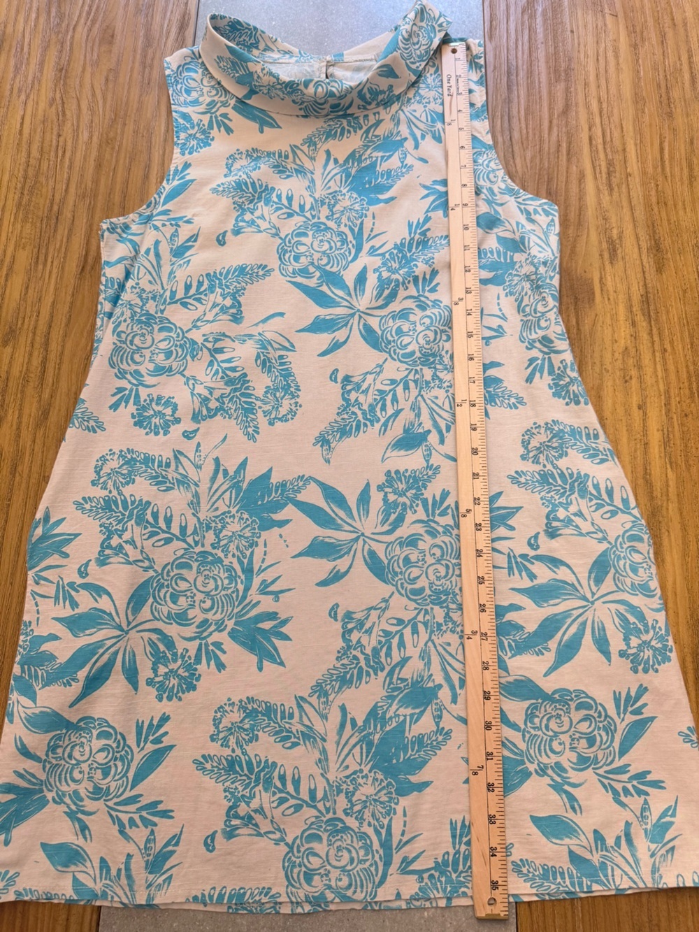 Luisa Perla Blue White Floral Linen Blend Shift Dress Sleeveless Cowl Neck Large - Picture 8 of 11
